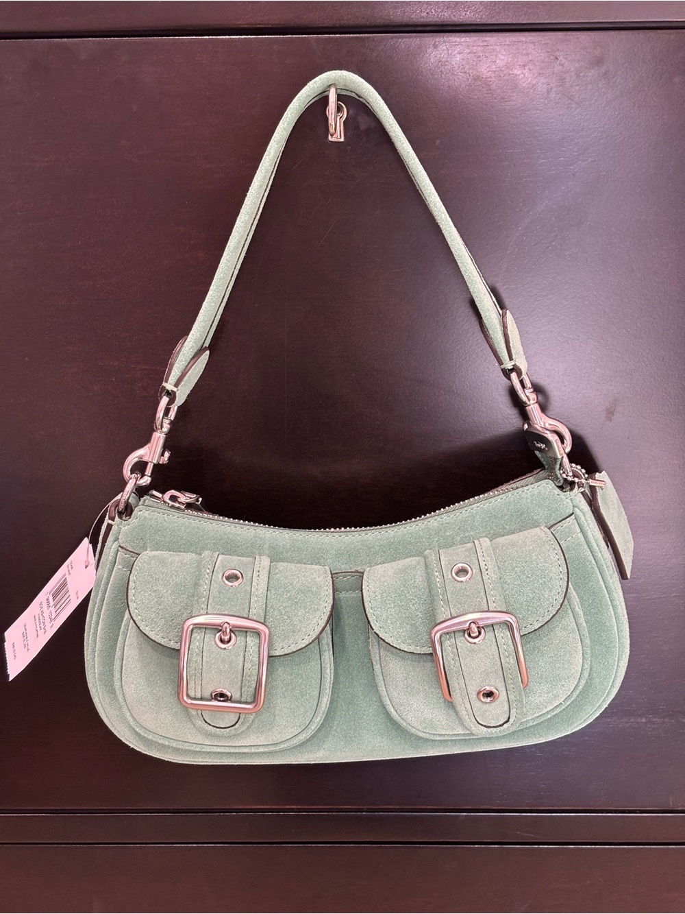 Coach Mint Green Suede Shoulder Bag with Dual Buckle Pockets